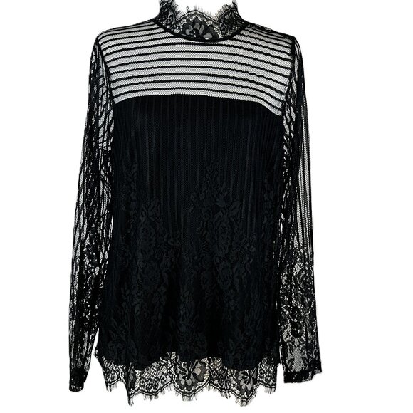 Black Lace Mock Neck Blouse - L - Dark Romantic Sheer Top by "Cream" - Picture 1 of 11